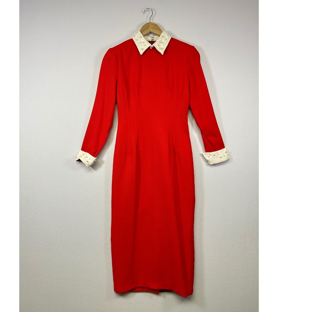 Statement Misty Lane Vintage Midi Dress Womens 4‎ Red Pearl Long Sleeve ormal